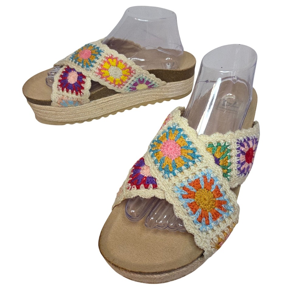 Platform Sandals Crochet Floral Boho Espadrille Cork Wedge W's Sz 10 Rare Unique